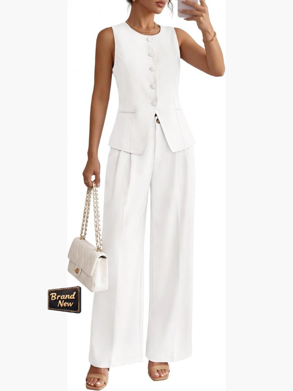 Sleeveless Blazer Vest Wide Leg Pants 2 Piece Suit Set Business Casual Work - Picture 1 of 7
